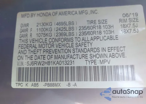 2019 Honda Cr-V Ex-L z USA, uszkodzony, nr VIN 5J6RW2H81KA013231